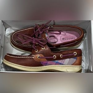Sperry top-sider tan/pink plaid Bluefish leather boat shoes.